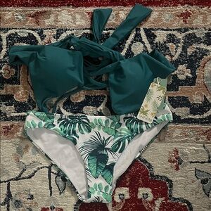 SHEKINI Teal & Tropical Leaf Bikini Set Size M